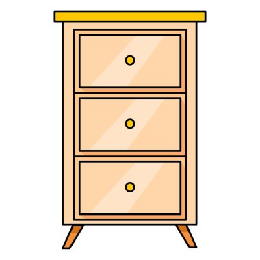 Komodinin yanında. Çizgi film tarzında minimalist bir simge. Çekmeceli bir komodinin düz çizimi. Ev için mobilyalar, yatak odası. Kıyafet ve iç çamaşırı deposu. Tahta çekmeceler..