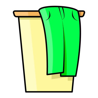 Kirli çamaşırlar için sepet. Çizgi film tarzında minimalist bir simge. Çamaşır sepetinin düz çizimi. Temizlik elbiseleri. Yıkama ve kumaş bakımı.