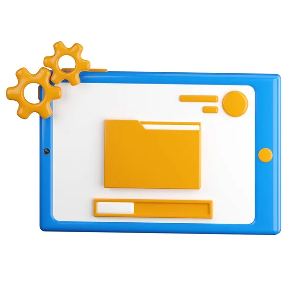 3d icon. File download tablet icon. Opening files, unpacking from a folder. Tablet loading, spinning gears. 3d render, cartoon style illustration. Transparent background, isolation.