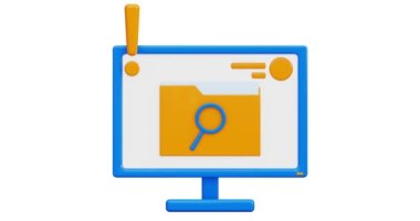 3D simge. Ekranda dosya araması olan tablet simgesi. Dosyalarda bilgi bulunması. Katalog bilgi filtresi. Çizgi film tarzında 3B canlandırma, 4k animasyon.