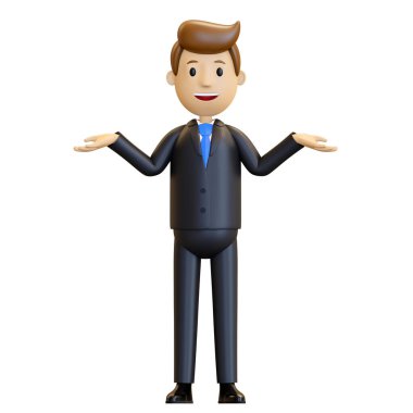 Üç boyutlu adam. Takım elbiseli bir iş adamı. Ofis çalışanı ellerini açar. 3 boyutlu çizim, karikatür tarzında çizim, izole edilmiş. Şirketin dost canlısı bir çalışanı cevabı bilmiyor..