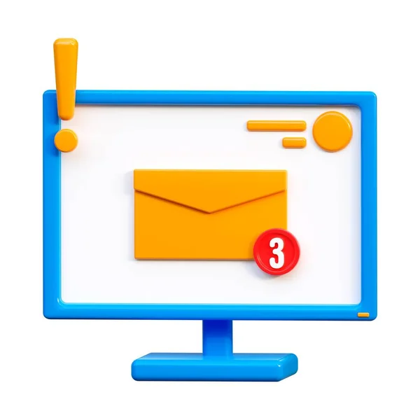 3D icon. Computer icon for sending letters. Notification of new messages. Important messages. 3D render in cartoon style. Transparent background, isolation.