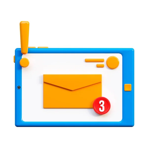 3d tablet icon with new message icon on display. Online correspondence by e-mail. 3d render, cartoon style illustration. Transparent background, isolation.