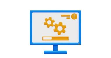 3D simge. Bilgi indirme ile birlikte bilgisayar monitörü simgesi. Yazılım güncellemesi. Bilgisayar yükleniyor, dişliler dönüyor. 3D görüntüleme, 4K animasyon Alfa kanalı ile karikatür biçimi.