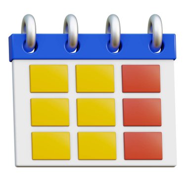 Metal yayı olan 3D takvim simgesi. Önemli toplantılar, günlük planlama. Çizgi film tarzında üç boyutlu çizim. Saydam arkaplan, izolasyon.