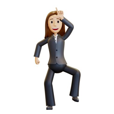 3d woman. An angry office worker jumps for joy and laughs at the losers. A businesswoman in a suit shows that his colleagues are losers. 3D rendering, illustration in cartoon style, isolated. clipart