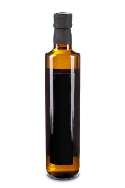 Beyaz arka planda siyah etiketli tipik cam zeytin yağı şişesi. Ekstra bakire zeytinyağı, ayçiçeği, soya fasulyesi, ceviz, soğuk sıkılmış kolza tohumu, susam, keten tohumu yağı.