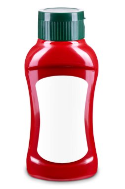 Yeşil kapaklı kırmızı sos şişesi ve beyaz arka planda izole edilmiş beyaz etiket. Ürün tasarımı için şablon. Pizza sosu, ketçap, salsa, taco, acı sos.
