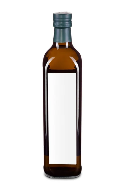 Eine Dunkle Glasflasche Olivenöl Isoliert Auf Weißem Hintergrund Weißes Etikett — Stockfoto