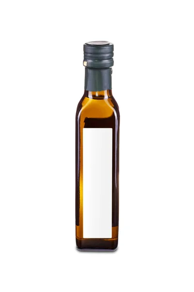 Kleine Glasflasche Olivenöl Mit Weißem Etikett Auf Weißem Hintergrund Vorlage — Stockfoto