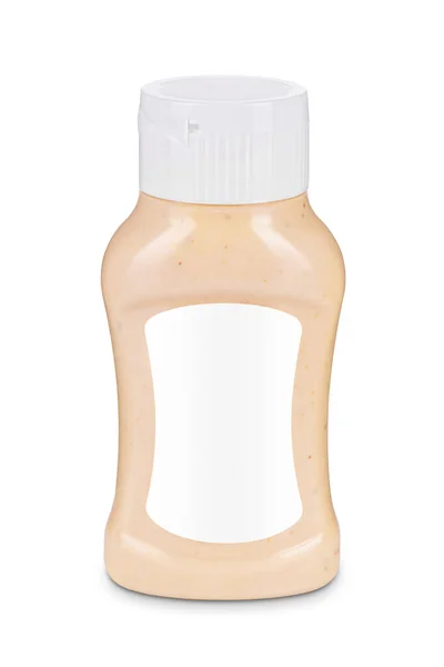 Flasche Sauce Mit Weißem Deckel Und Leerem Etikett Auf Weißem — Stockfoto