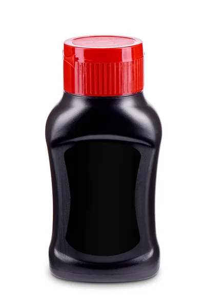 Schwarze Saucenflasche Mit Rotem Deckel Und Schwarzem Etikett Auf Weißem — Stockfoto