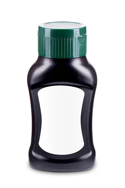 Schwarze Senfsauce Flasche Mit Grünem Deckel Und Leerem Weißen Etikett — Stockfoto