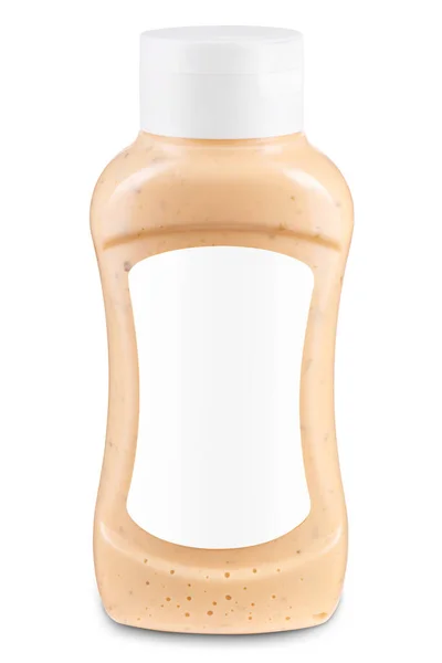 Flasche Sauce Mit Leerem Weißen Etikett Isoliert Auf Weißem Hintergrund — Stockfoto