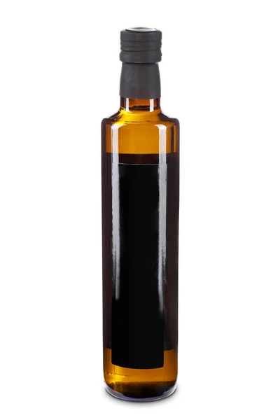Typische Glasflasche Olivenöl Mit Schwarzem Etikett Auf Weißem Hintergrund Natives — Stockfoto