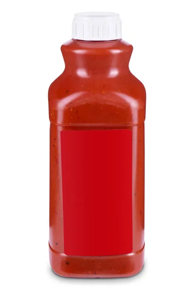 Flasche Rote Sauce Mit Leerem Roten Etikett Auf Weißem Hintergrund — Stockfoto