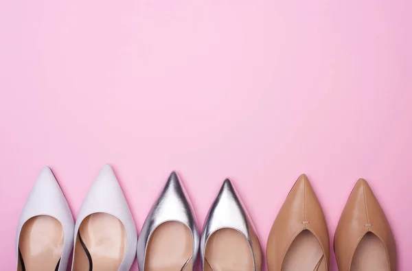 Three Pairs Chic Female Shoes Pointed Toes Pastel Pink Background — Stock Photo, Image