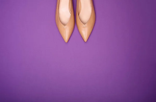 Vista Superior Elegantes Sapatos Femininos Bege Com Pontas Decorados Com — Fotografia de Stock
