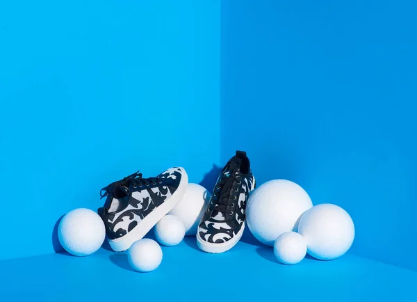 Stylische Weibliche Schwarz Weiße Turnschuhe Mit Lässigem Muster Auf Blauem — Stockfoto