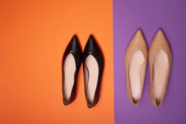 Çağdaş kadınların farklı renkte iki çift sivri uçlu ayakkabısının üst görüntüsü ama solunda fotokopi alanı olan renkli bir arka planda aynı model. Ayakkabı satışı, tasfiye reklam konsepti.