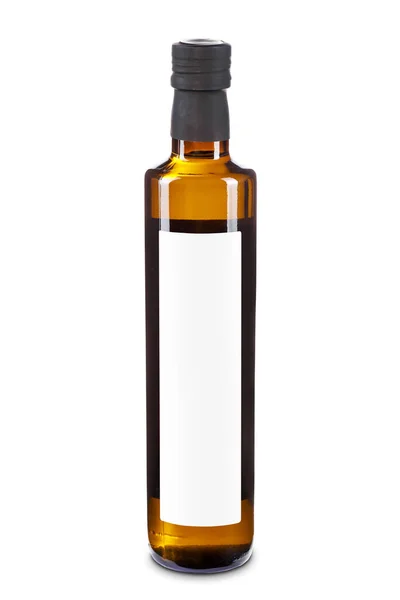 Brunglas Olivolja Eller Vinäger Flaska Med Vit Etikett Isolerad Vitt — Stockfoto
