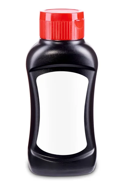 Бутылка Черного Соуса Красной Крышкой Флипом Бланшированной Белой Этикеткой Изолирована — стоковое фото