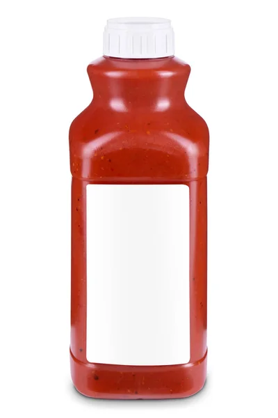 Flasche Rote Sauce Mit Leerem Roten Etikett Auf Weißem Hintergrund — Stockfoto