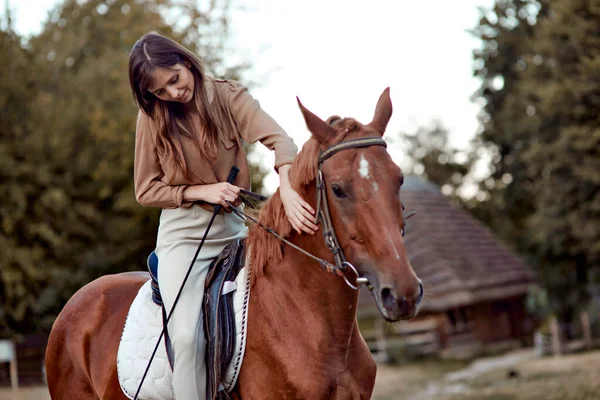 一个女人轻轻地抚摸着一匹马 探索马术学校的骑马课程 接受马术治疗 并与动物建立联系以缓解压力 沉迷于一个有情感回报的自然周末 — 图库照片