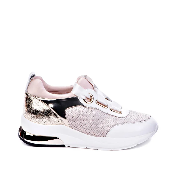 Zijaanzicht Van Glamoureuze Vrouwelijke Sneaker Met Paillettes Witte Zool Metalen — Stockfoto