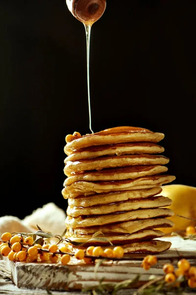 Picture Homemade Pancakes Arranged Light Toned Wooden Board Sprig Sea — Stock Photo, Image