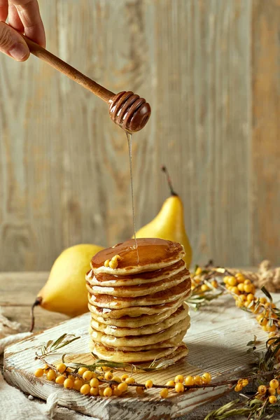 Classic American Pancakes Stacked Pale Wooden Platter Sprigs Sea Buckthorn — Stock Photo, Image