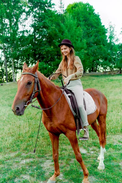 可爱的女人骑着马 乡村情谊 马术疗法 骑马课 感情平衡 马背上的喜悦 情感礼物证书 — 图库照片