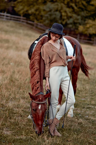 戴黑帽子的妇女观察到棕色的马在草地上吃草 骑着马上课时赚的钱 探索马匹疗法 海马疗法 森林里的一个女人和她的灰色的马 和动物紧紧地绑在一起 — 图库照片