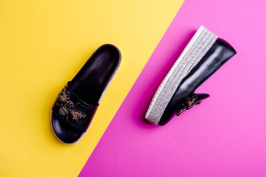 Aynı renkte ama farklı renkte iki moda kadın ayakkabısı: siyah mokasen ve katır. Açık sarı-pembe zıt bir zeminde yatıyordu. Moda blogu için tasarım. Ayakkabı mağazası reklamı..