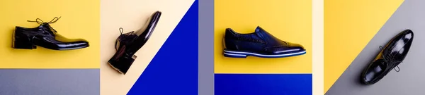 Collage with photos of men\'s shoes on two-color graphic backgrounds: black patent leather classic shoes and dark blue perforated leather modern brogues. Creative banner for website header design.