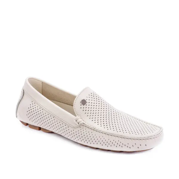 Top View Stylish Ivory Perforated Leather Men Moccasin Shoe Isolated — Stock Photo, Image
