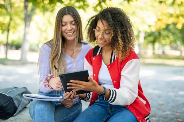 Női Főiskolai Hallgatók Együtt Tanulnak Egyetemük Melletti Parkban — Stock Fotó