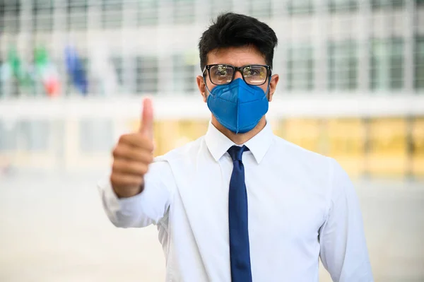 Young Businessman Outdoor Modern Setting Giving Thumbs Wearing Protective Mask — Stock Photo, Image