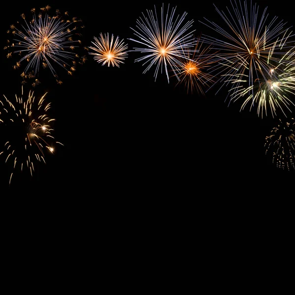 Nieuwjaar Vuurwerk Achtergrond Fijne Feestdagen Nieuwjaar Concept Veel Zwarte Copyspace — Stockfoto