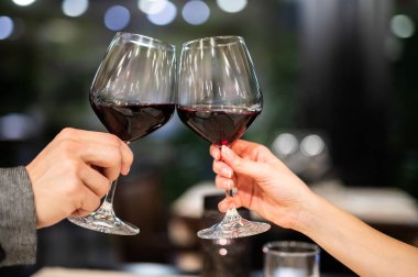 Couple toasting red wine closeup