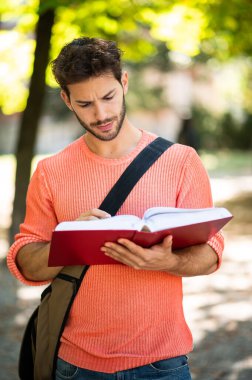Student reading a book outdoor in a college courtyard