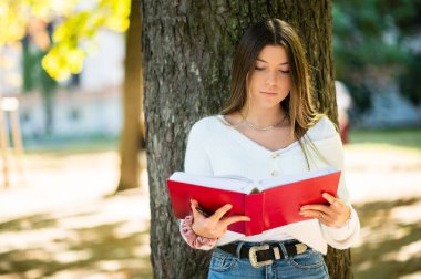 Female student reading a book outdoor in the park lying at tree 