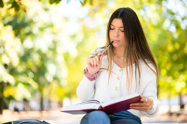 Güzel Bir Üniversite Öğrencisi Parkta Bir Bankta Kitap Okuyor — Stok fotoğraf