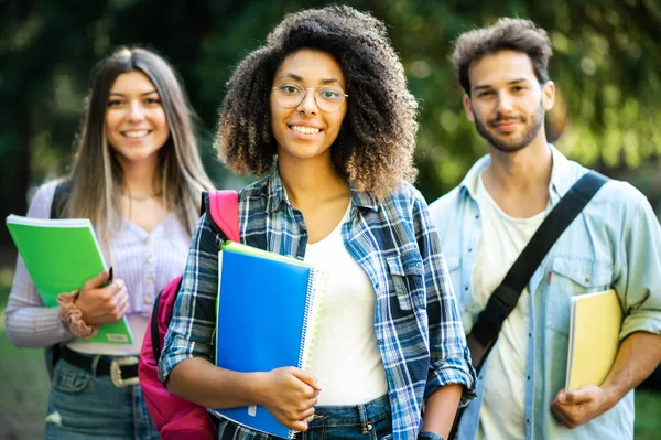 Happy Multiethnic Group Students Smiling Outdoor — Stock Photo, Image