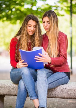Genç kadın öğrenciler birlikte açık havada okuyor