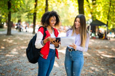 Bayan üniversite öğrencileri üniversitelerinin yakınındaki bir parkta birlikte okuyorlar.