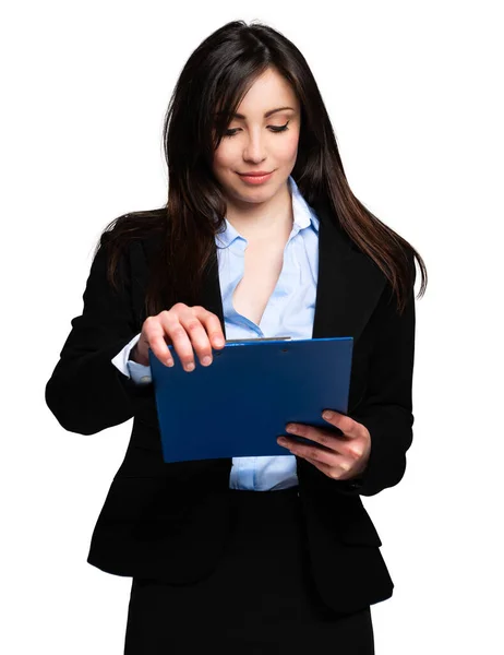 Beautiful Businesswoman Portrait Isolated White Holding Clipboard — 스톡 사진