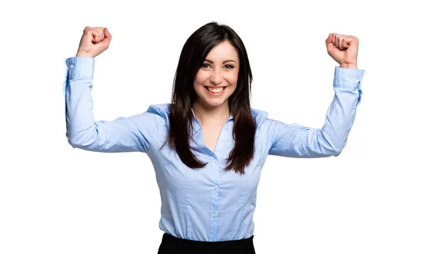 Portrait Young Woman Celebrating Her Victory Isolated White Background Photo — Stock Photo, Image