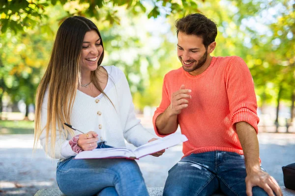 Two Students Studying Together Sitting Bench Outdoor — Stock Photo, Image
