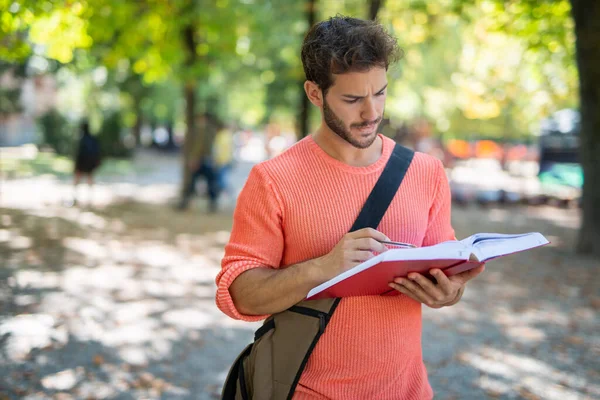 Erkek Öğrenci Parkta Yürürken Kitap Okuyor — Stok fotoğraf